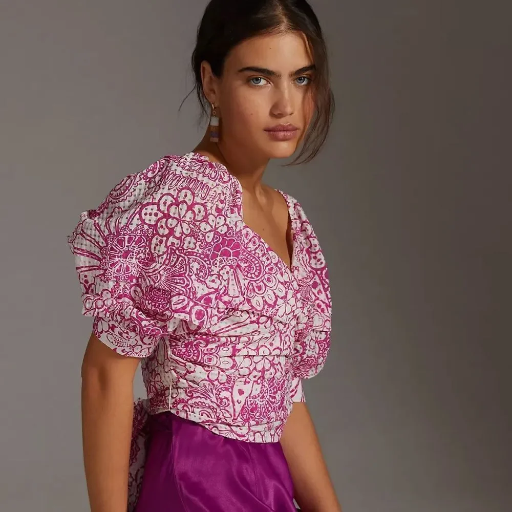 Anthropologie Pink & White Printed Puff-Sleeve Cropped Top